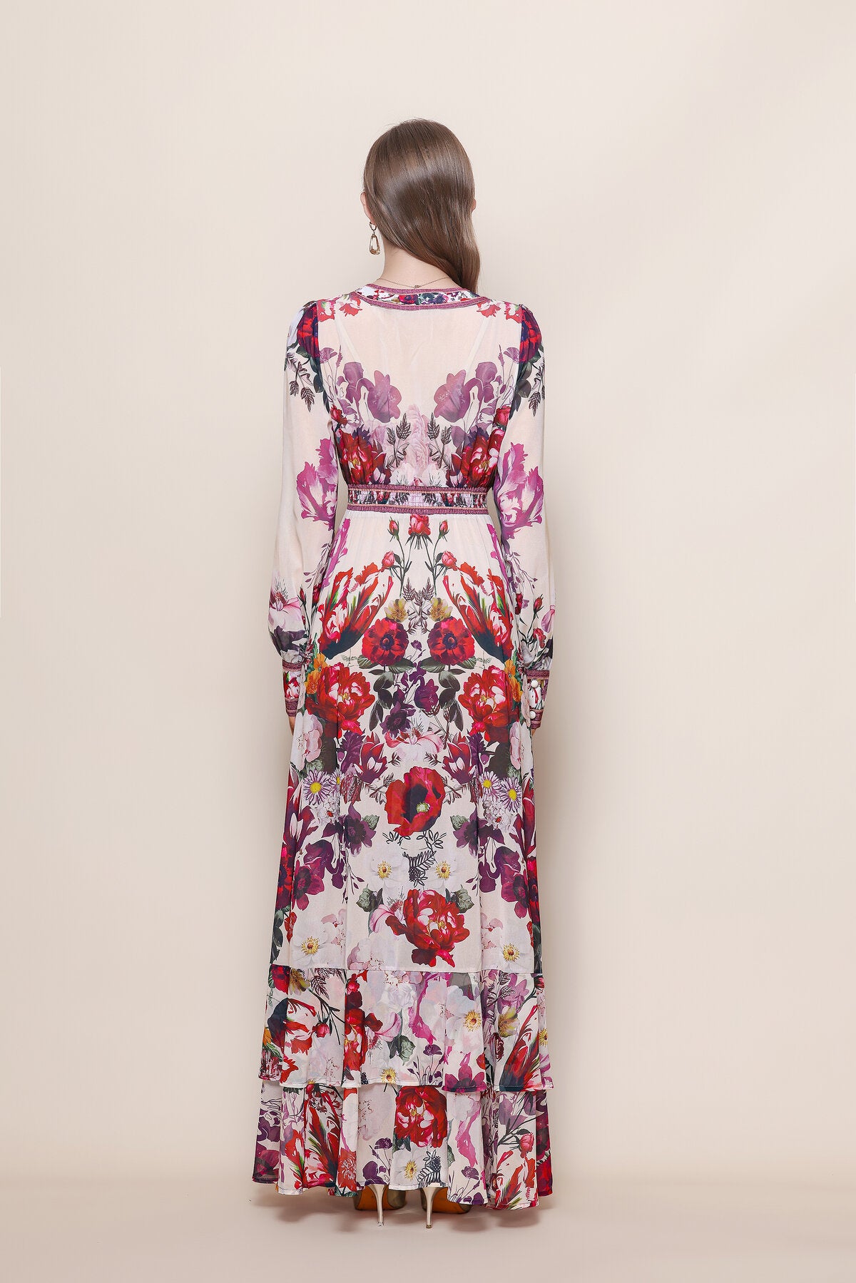Floral Print Deep V-Neck Maxi Dress with Balloon Sleeves