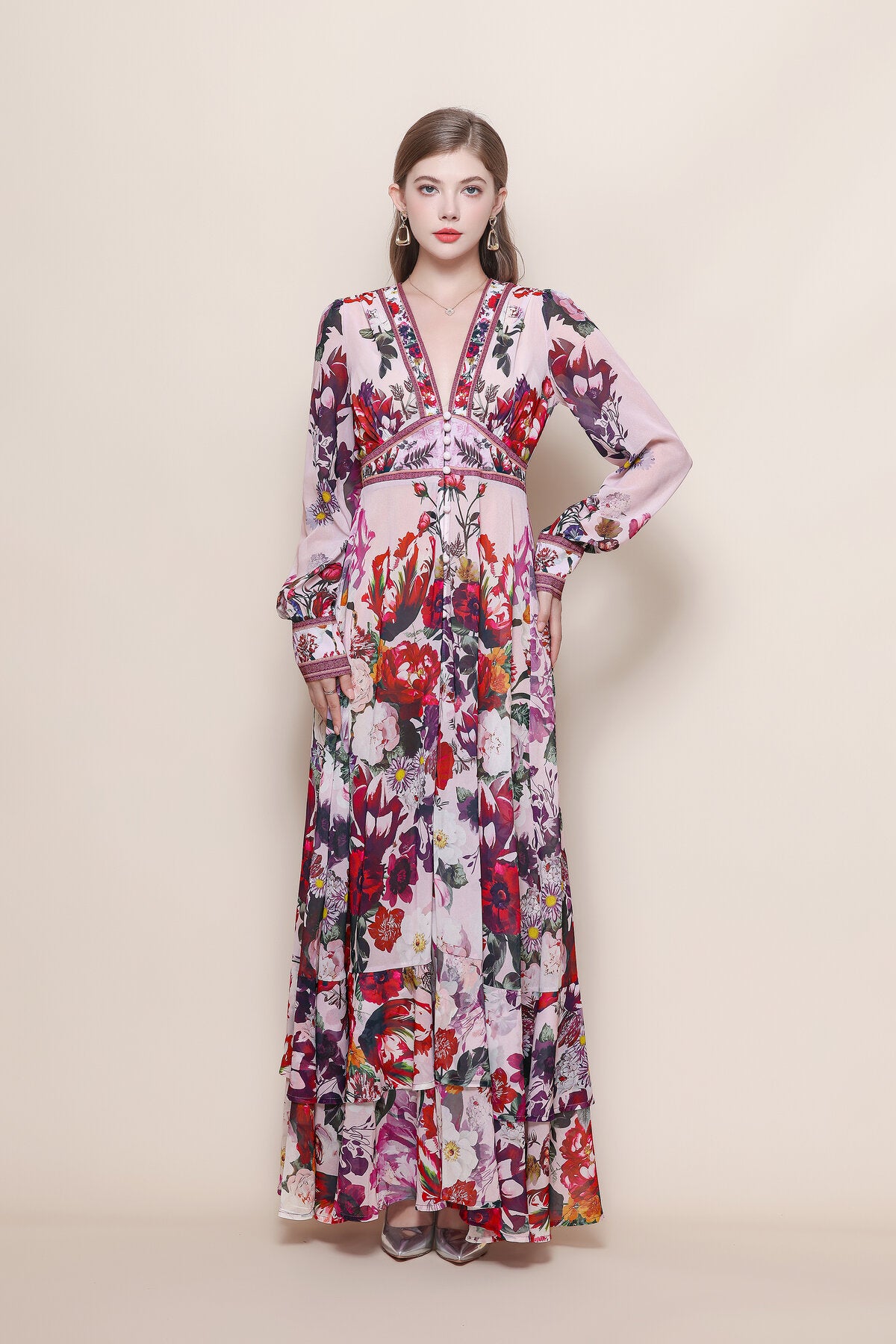 Floral Print Deep V-Neck Maxi Dress with Balloon Sleeves
