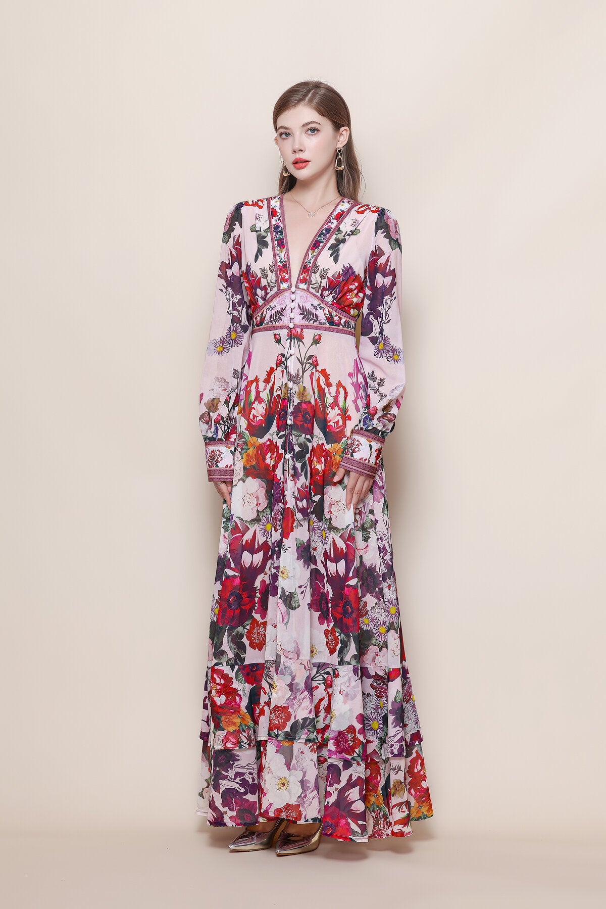 Floral Print Deep V-Neck Maxi Dress with Balloon Sleeves