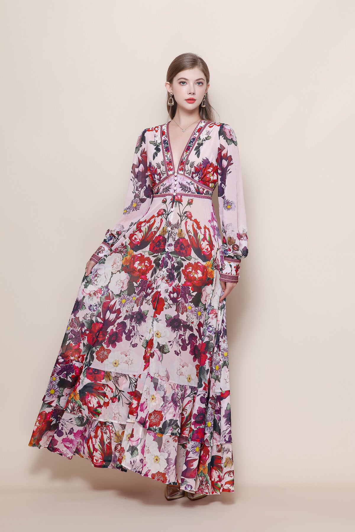 Floral Print Deep V-Neck Maxi Dress with Balloon Sleeves