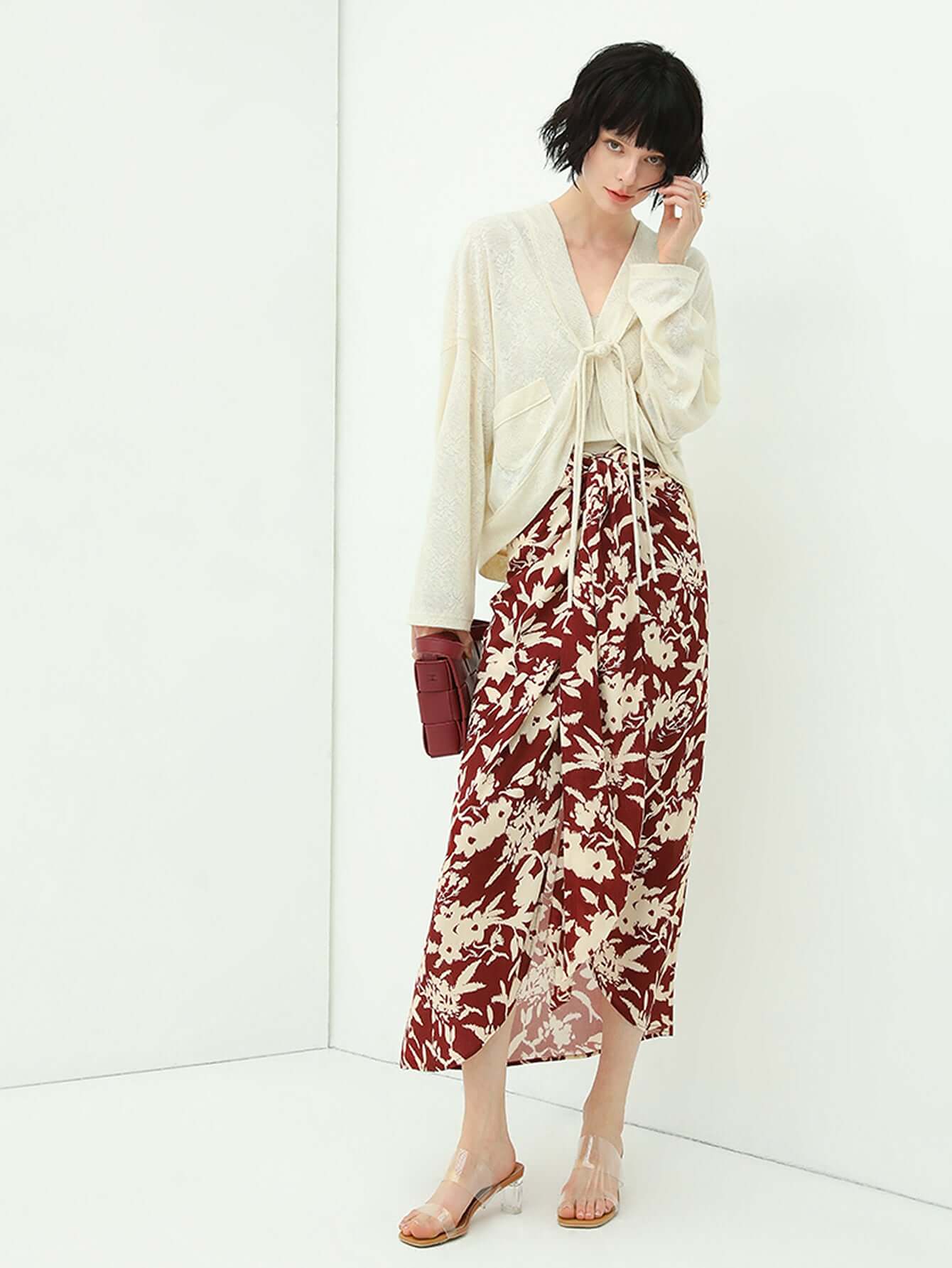 floral print high waist asymmetrical midi skirt all wine 2
