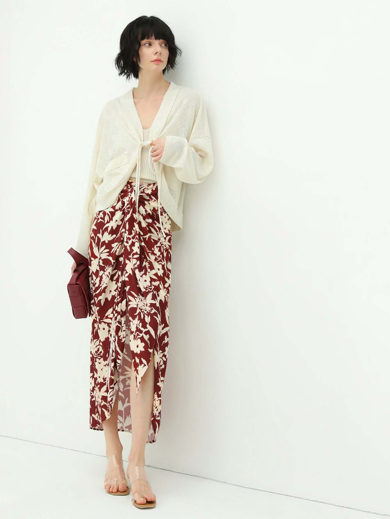 floral print high waist asymmetrical midi skirt all wine 3