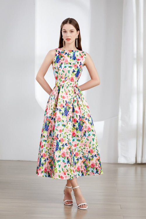 Floral Sleeveless Boatneck Flared A Line Midi Dress - 0cm