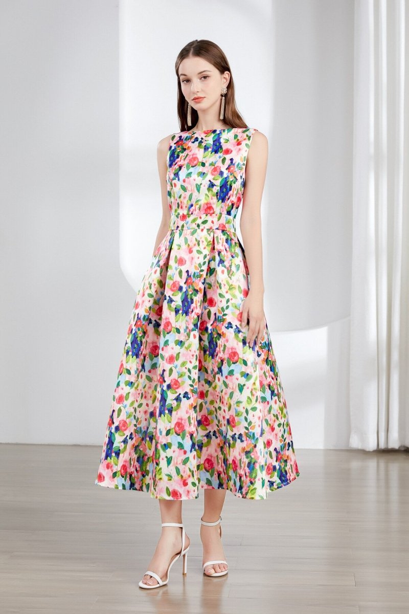 floral sleeveless boatneck flared a line midi dress all floral 2
