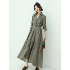 Flowy Belted Olive Shirt Dress with Pleats