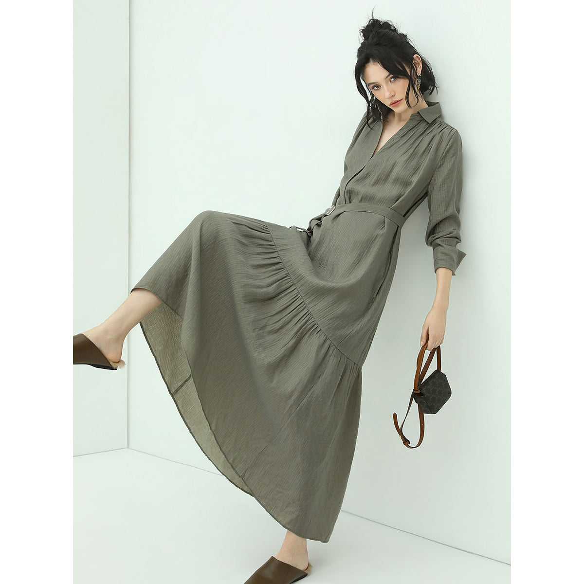 flowy belted olive shirt dress with pleats all olive 2