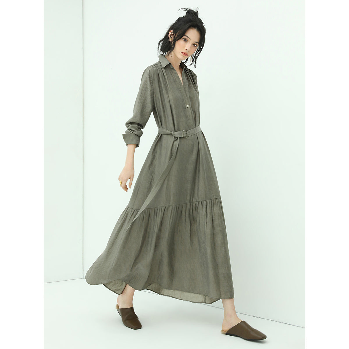 flowy belted olive shirt dress with pleats all olive 3