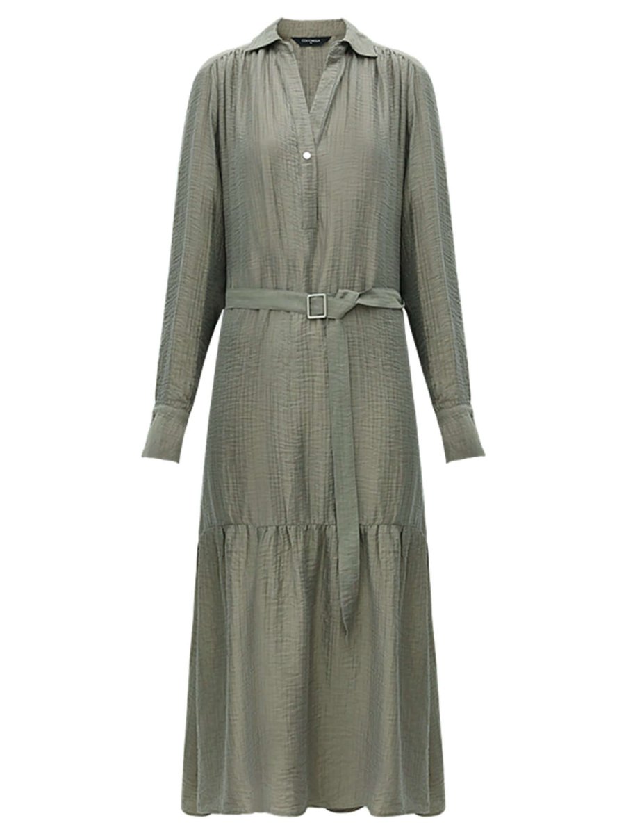 Flowy Belted Olive Shirt Dress with Pleats - 0cm Flowy Belted Olive Shirt Dress with Pleats - 0cm