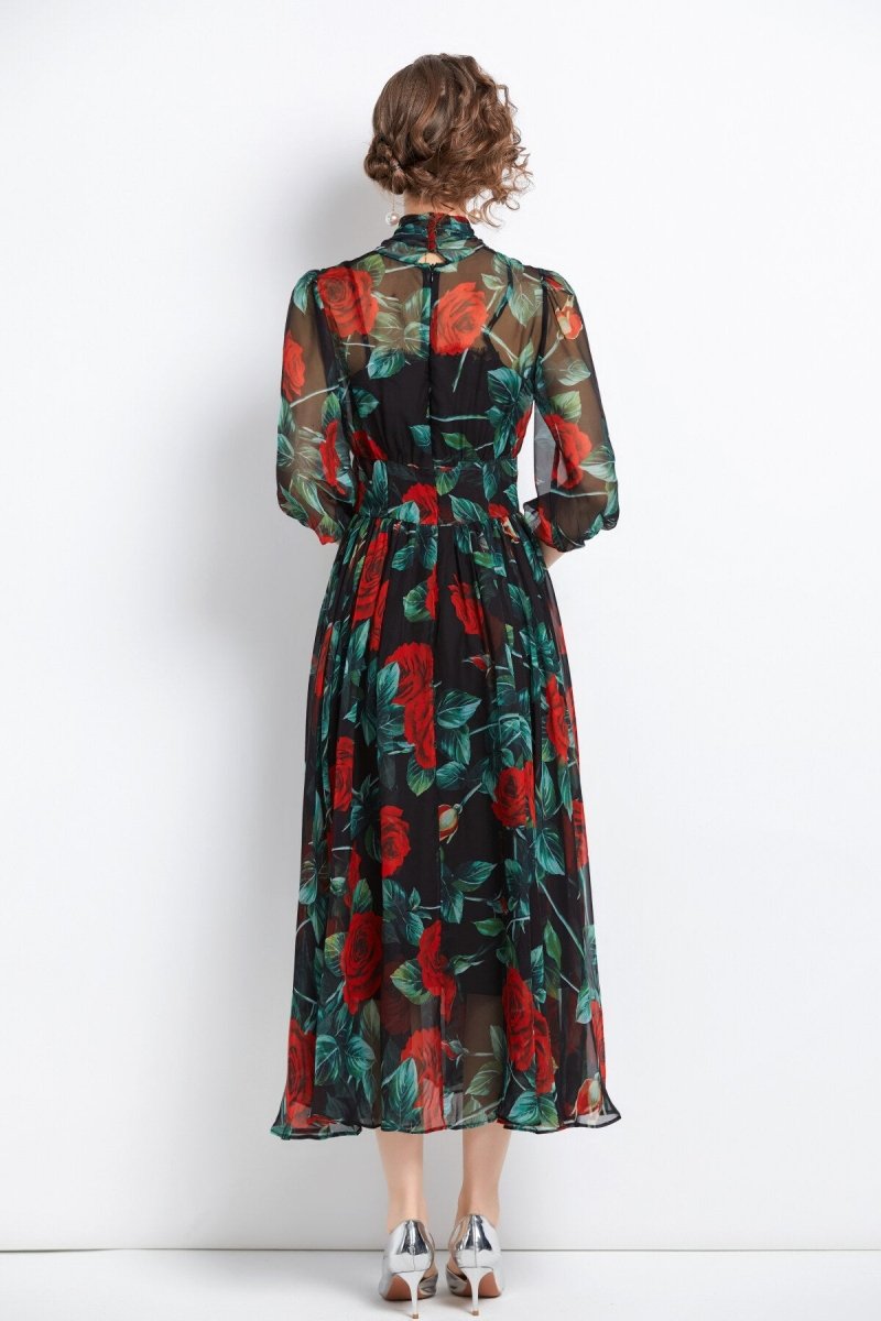 flowy floral chiffon vacation dress all black 4