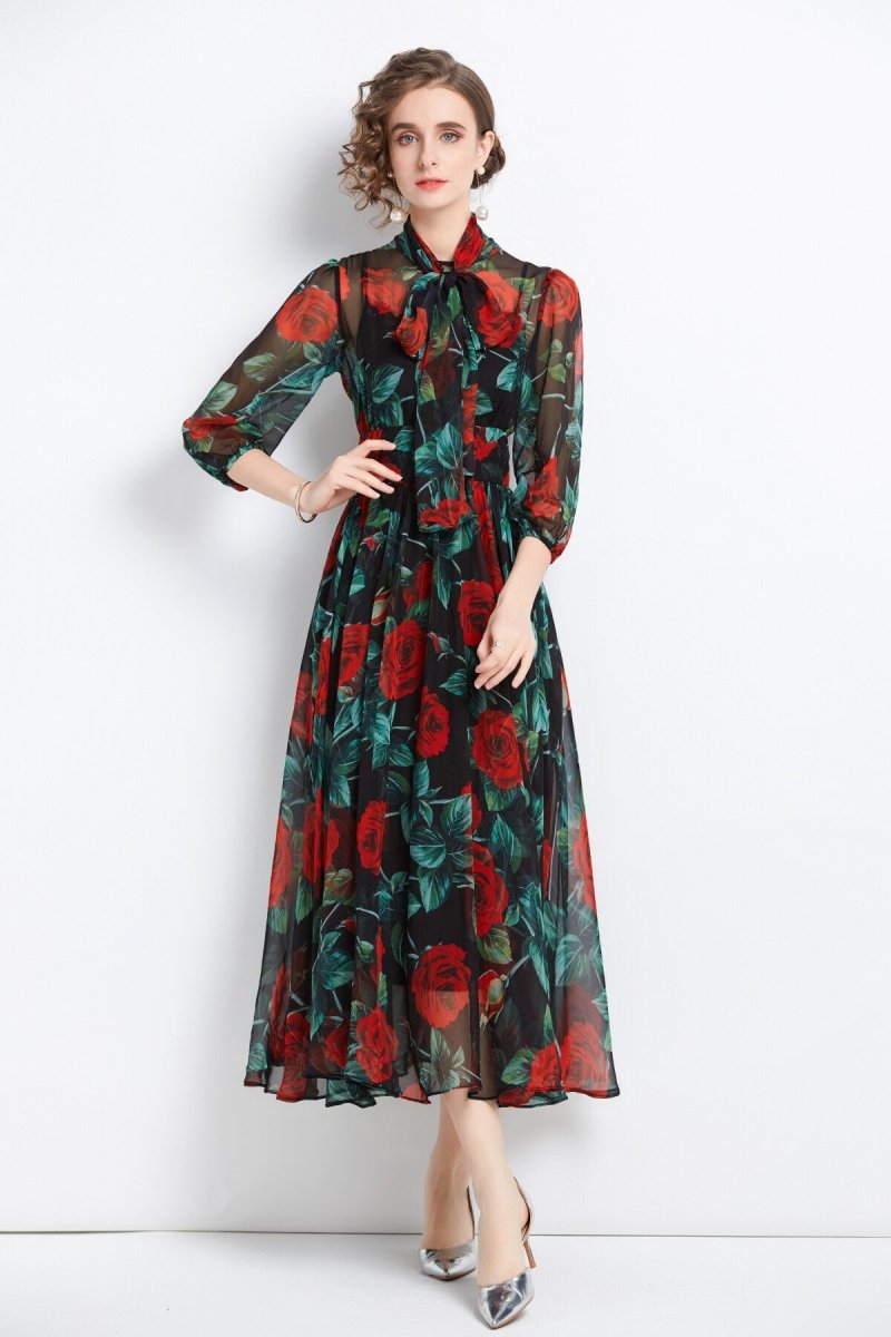 flowy floral chiffon vacation dress all black 1