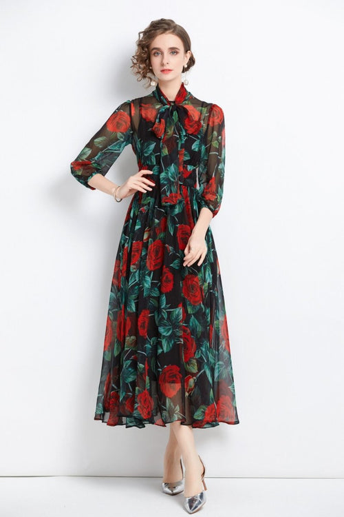 flowy floral chiffon vacation dress all black 1