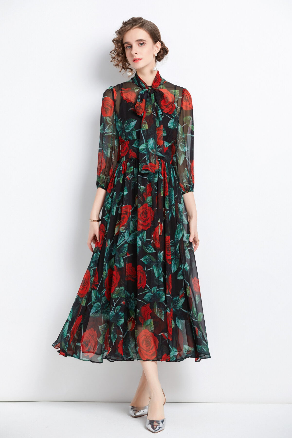 flowy floral chiffon vacation dress all black 2