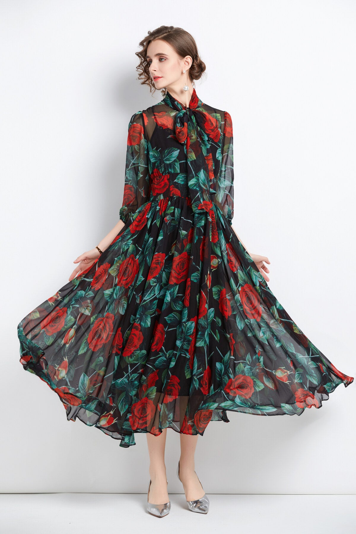 flowy floral chiffon vacation dress all black 3