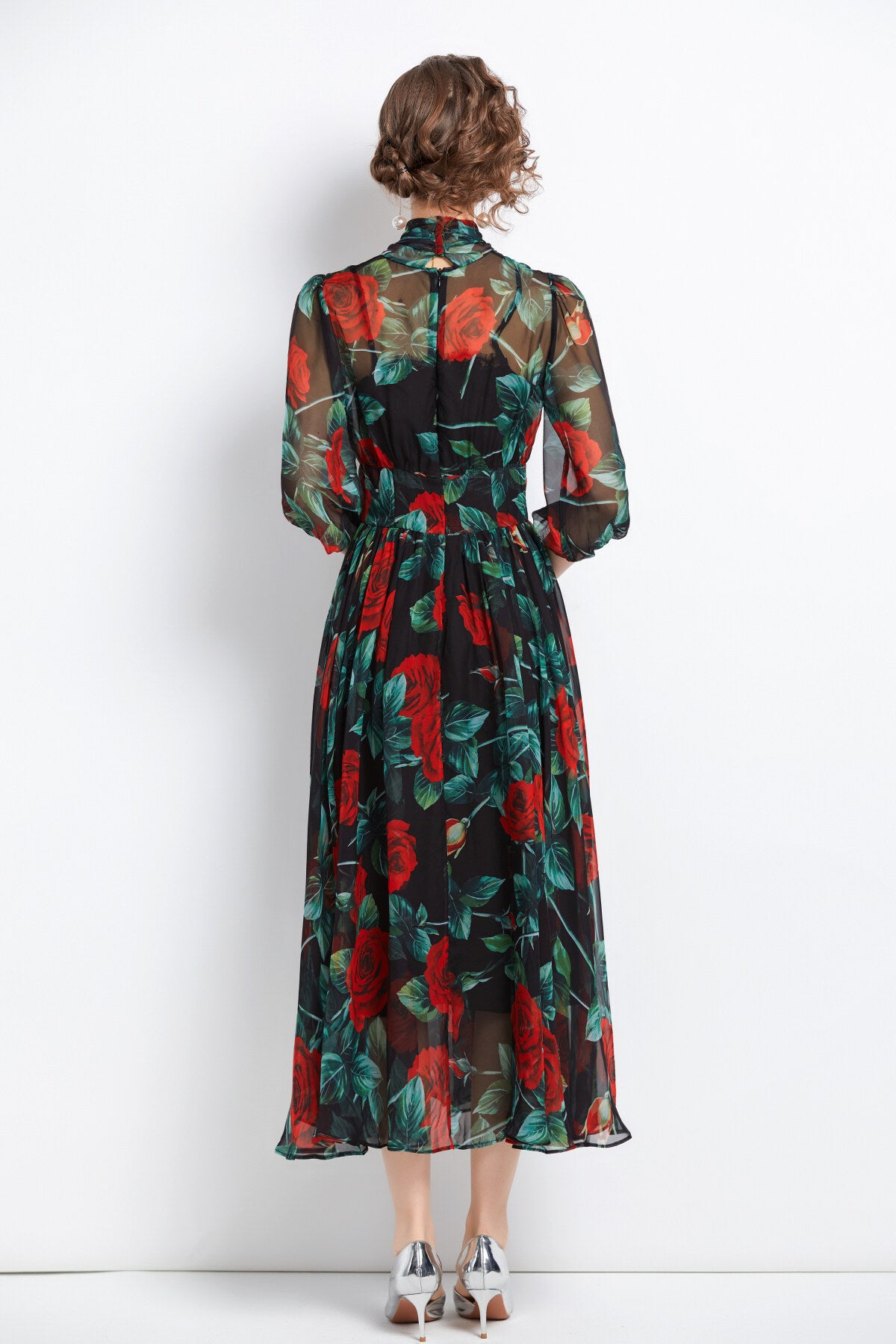 flowy floral chiffon vacation dress all black 4