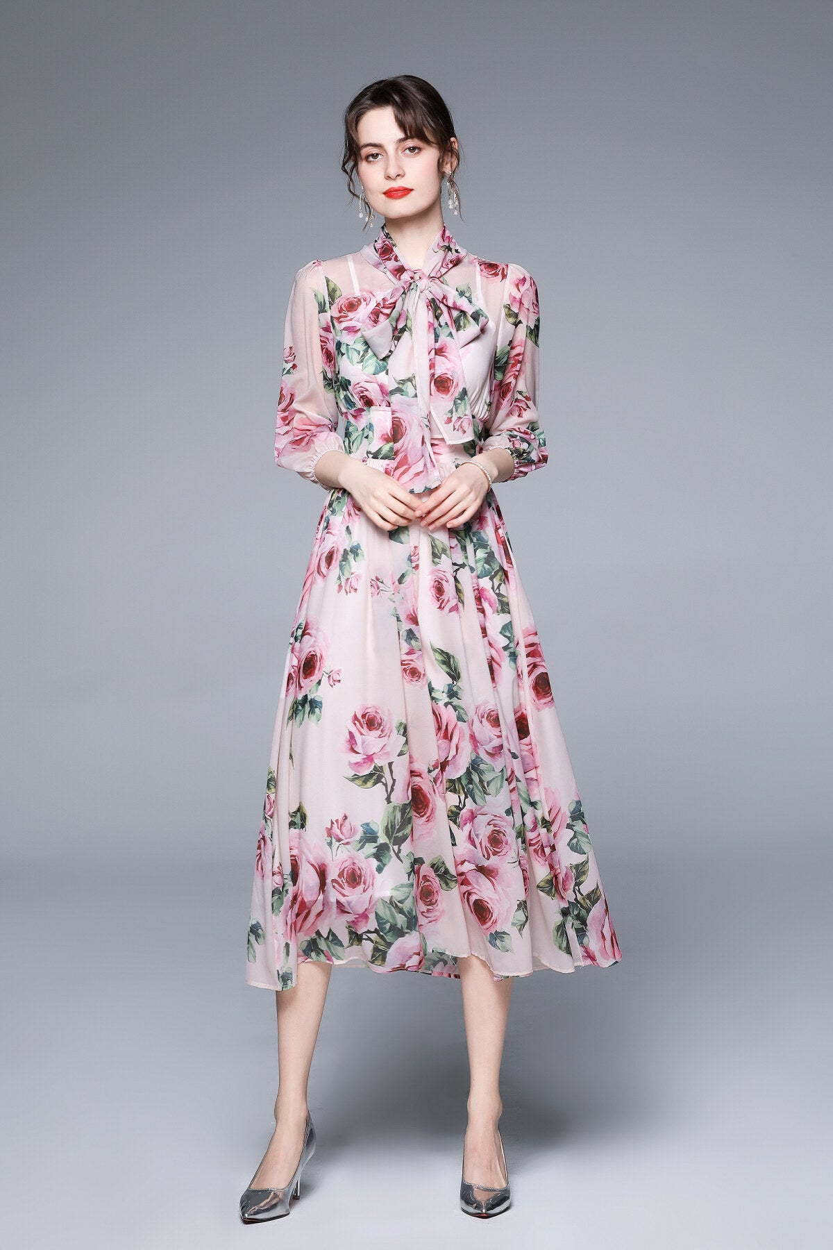 flowy floral chiffon vacation dress all pink 1