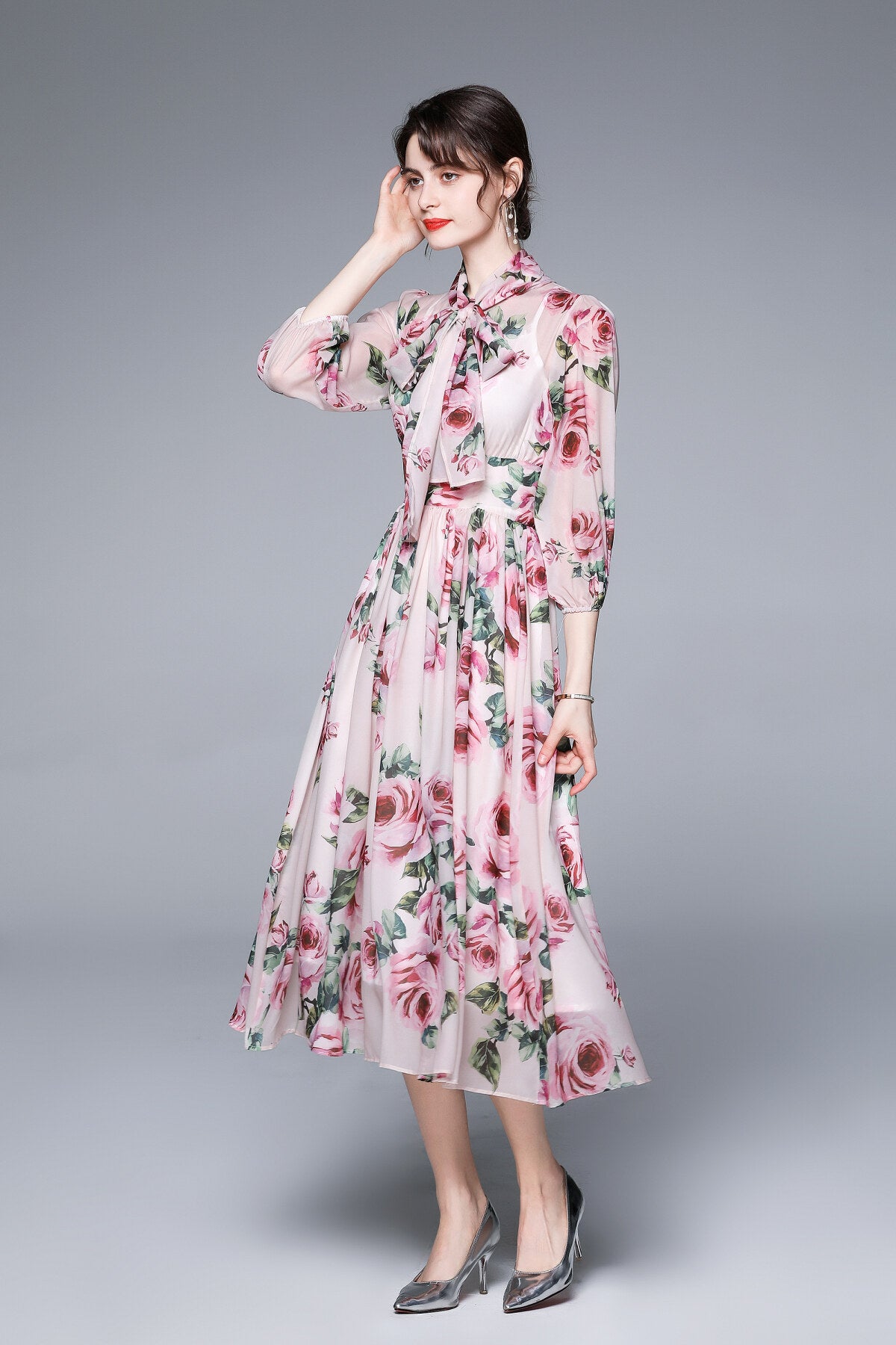 flowy floral chiffon vacation dress all pink 2