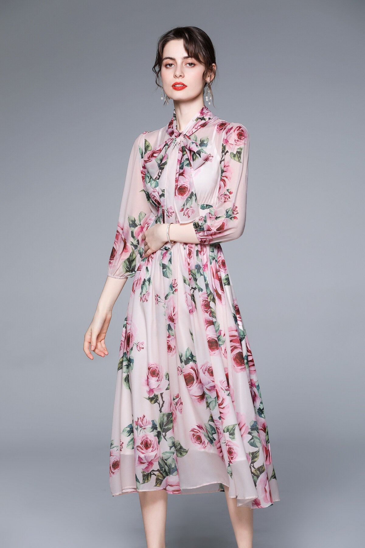 flowy floral chiffon vacation dress all pink 3