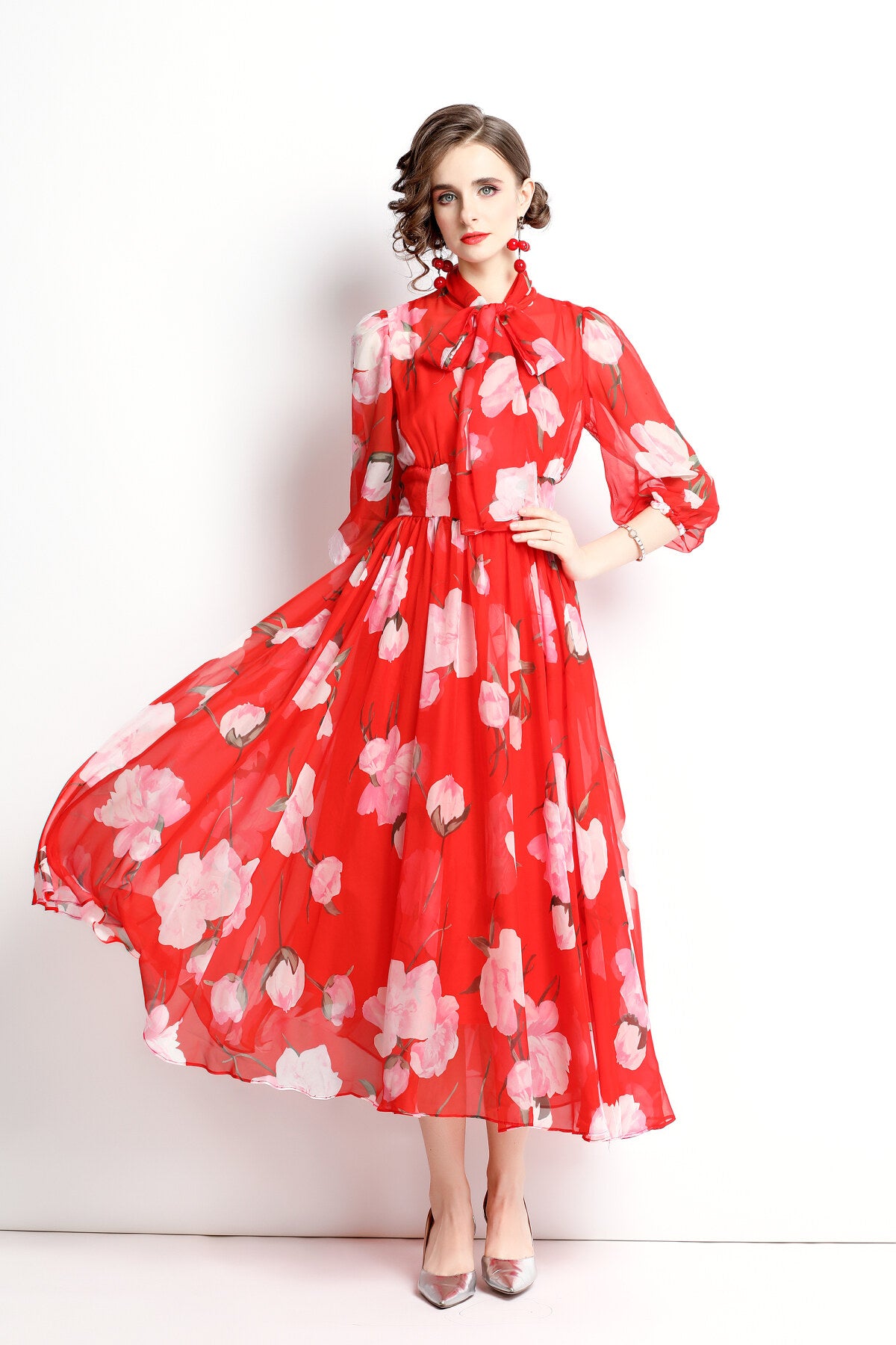 flowy floral chiffon vacation dress all red 1