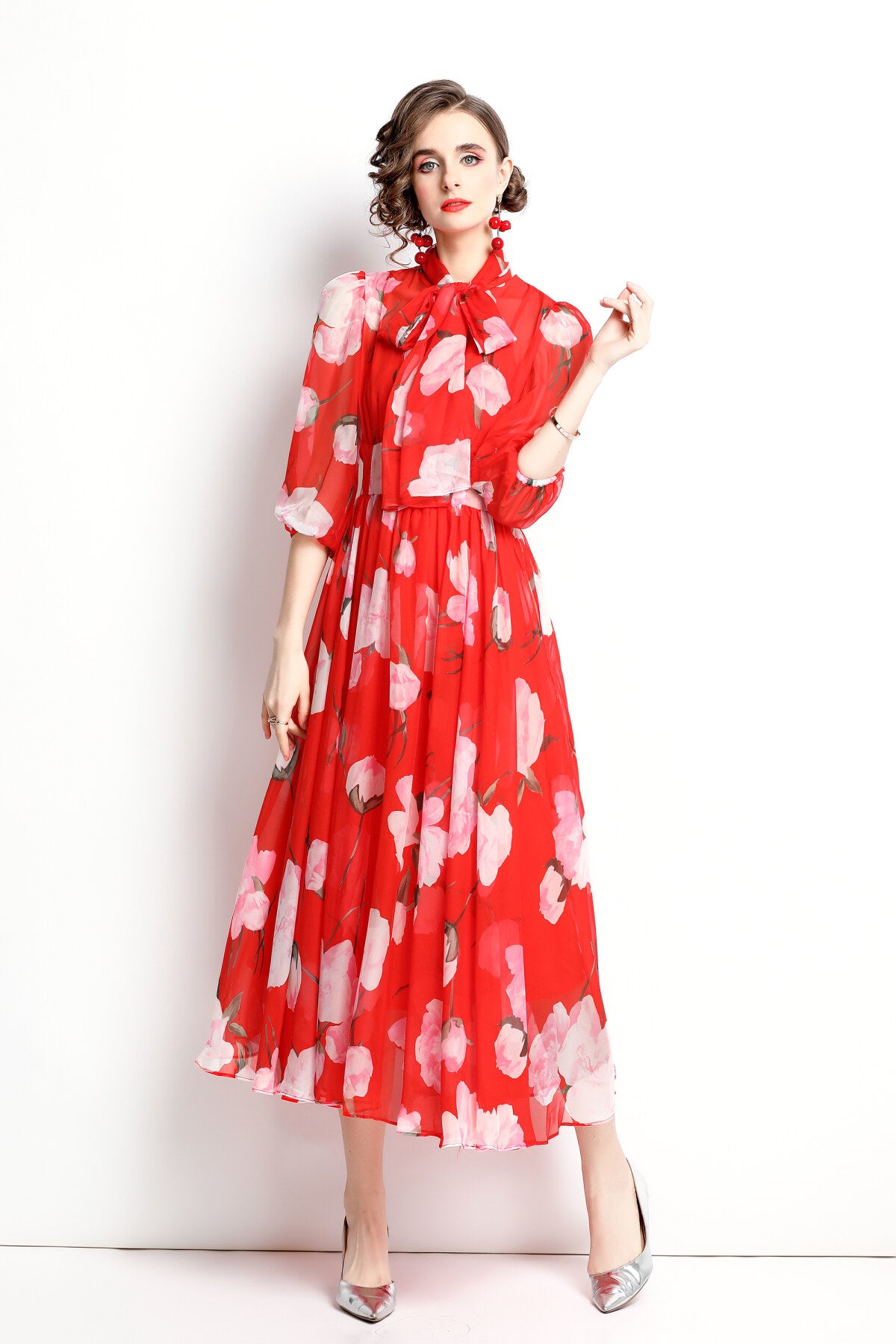 flowy floral chiffon vacation dress all red 2