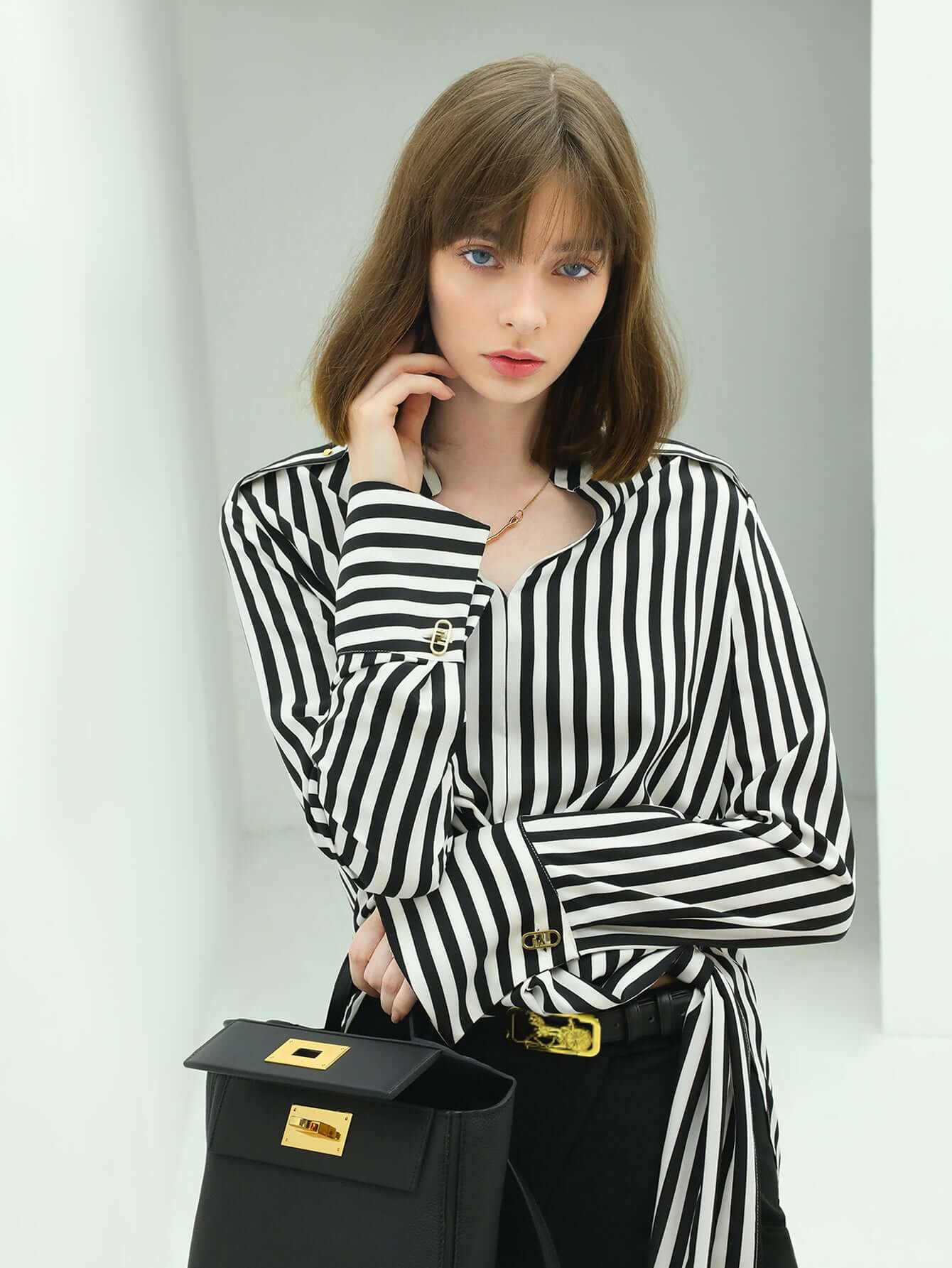 flowy vertical stripe shirt with a side belt all stripe 2