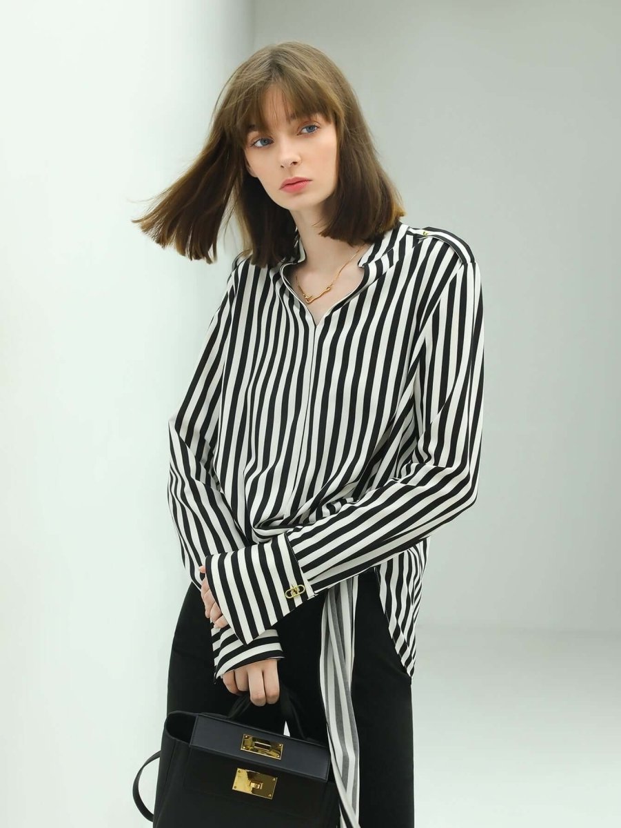 flowy vertical stripe shirt with a side belt all stripe 3