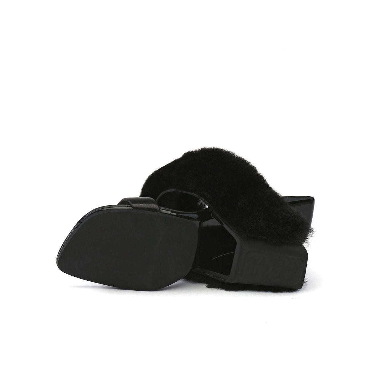 fluffy faux fur wedge mules all black 4
