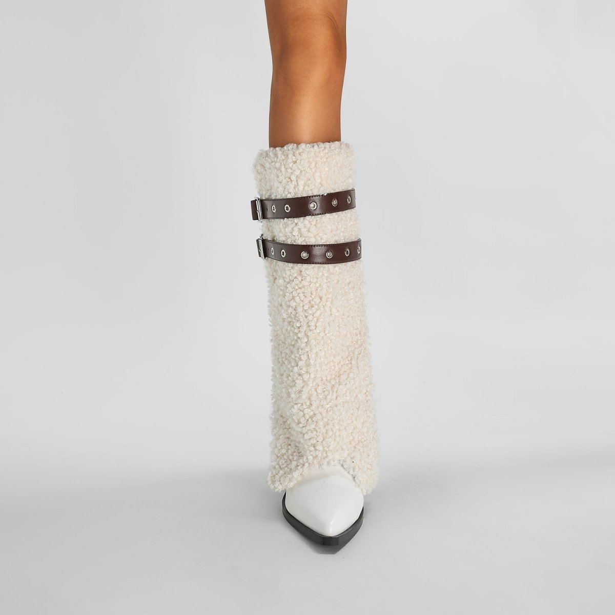 Fluffy White Panel Knee High Boots with Leather Buckles - 0cm