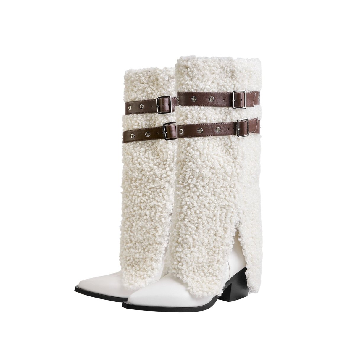 Fluffy White Panel Knee High Boots with Leather Buckles - 0cm