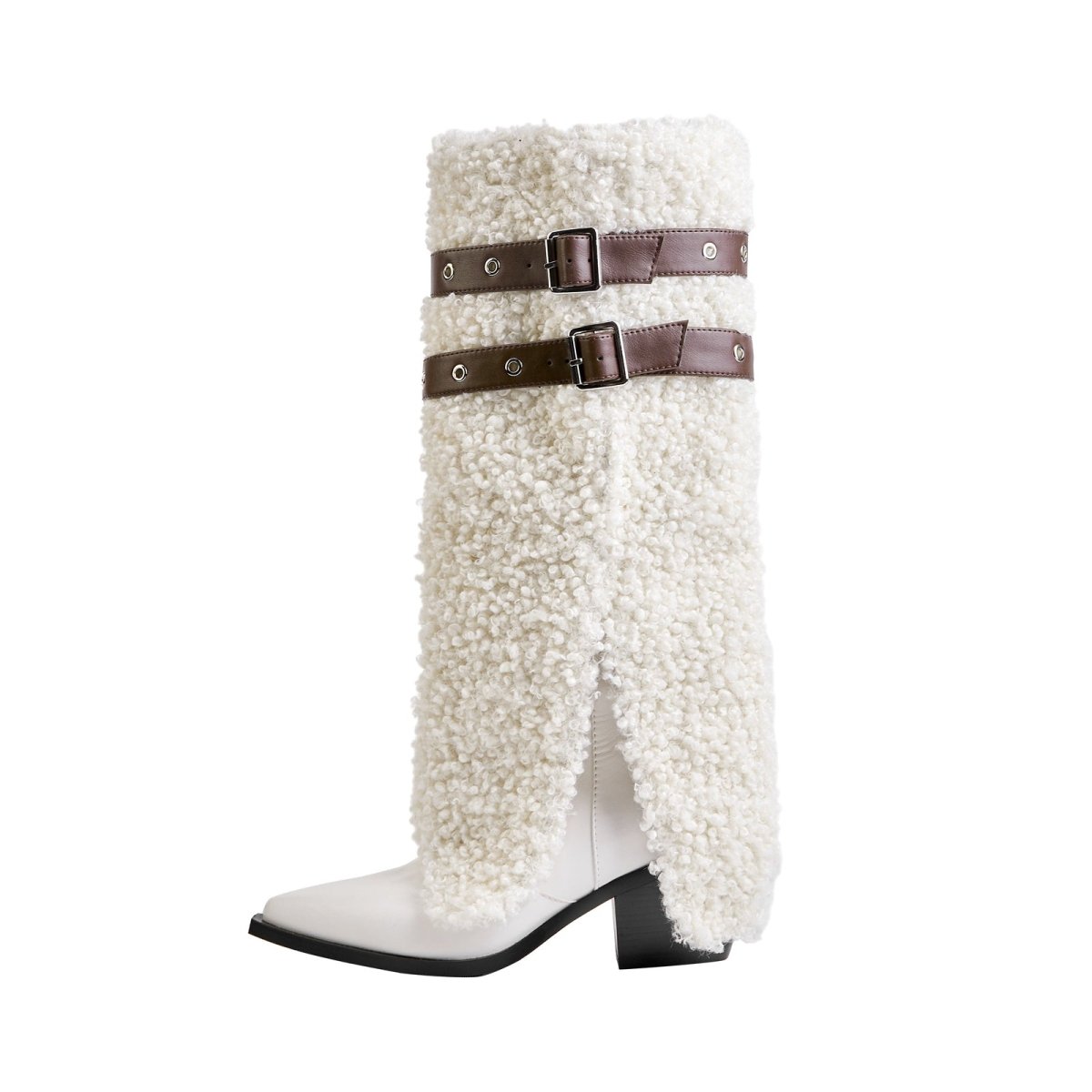 Fluffy White Panel Knee High Boots with Leather Buckles - 0cm
