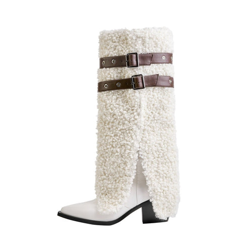 Fluffy White Panel Knee High Boots with Leather Buckles - 0cm