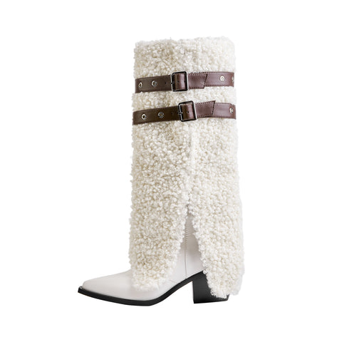 Fluffy White Panel Knee High Boots with Leather Buckles