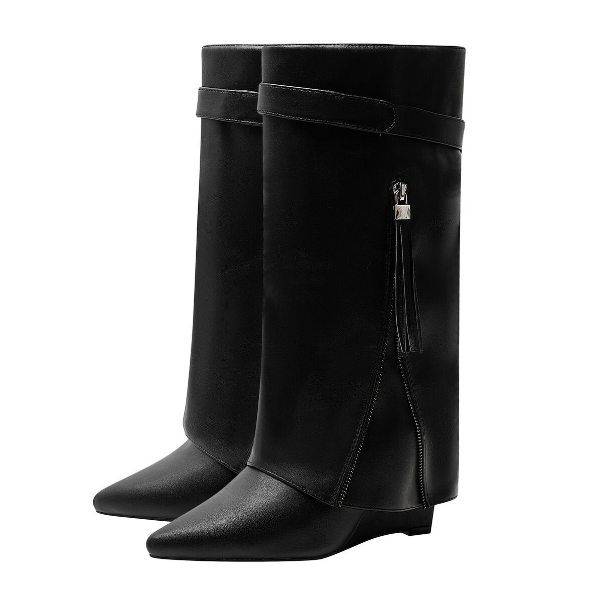 Foldover Panel Knee High Boots with Concealed Wedge Heel