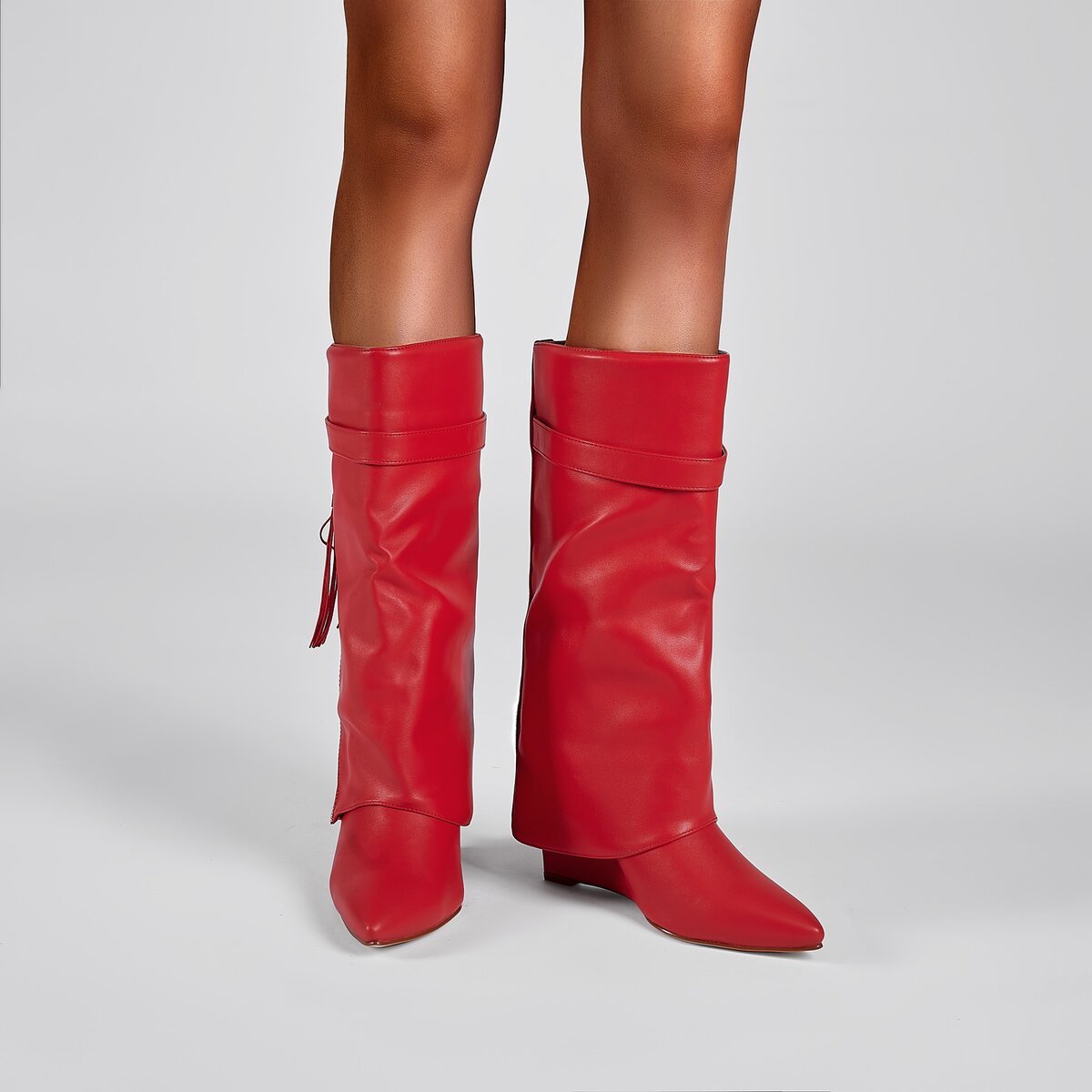 Foldover Panel Knee High Boots with Concealed Wedge Heel