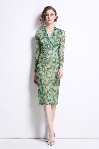 Form Fitting V Neck Mesh Floral Green Tea Dress