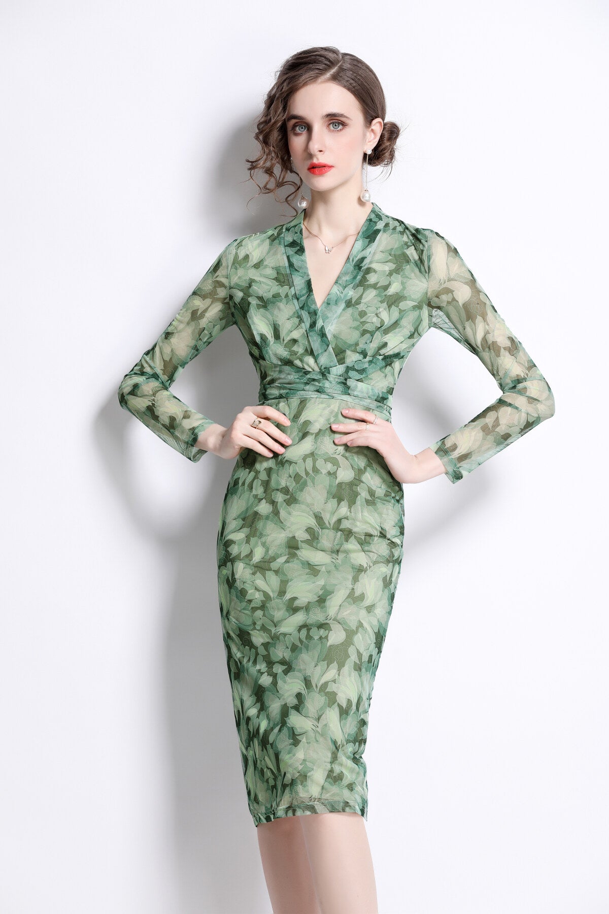 form fitting v neck mesh floral green tea dress all green 2