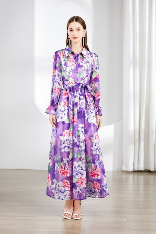 Fragrant Lavender Ruched Waist Ruffle Cuff Long Dress - 0cm