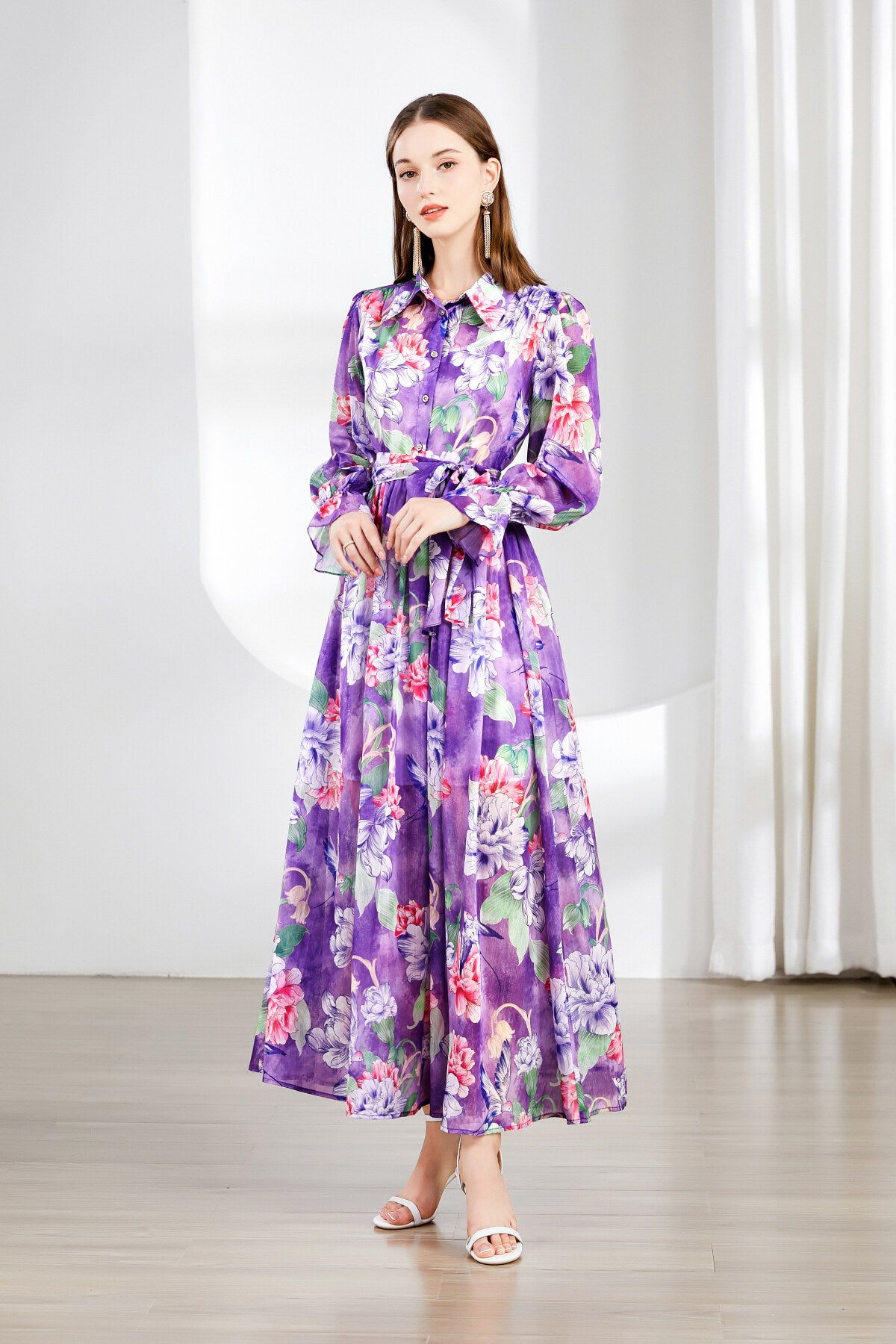 fragrant lavender ruched waist ruffle cuff long dress all lavender 2