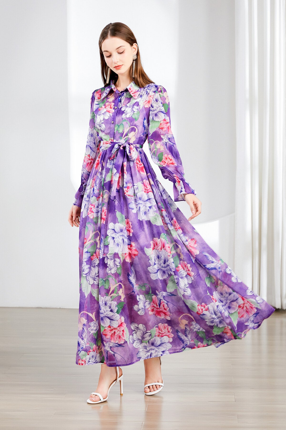 fragrant lavender ruched waist ruffle cuff long dress all lavender 3