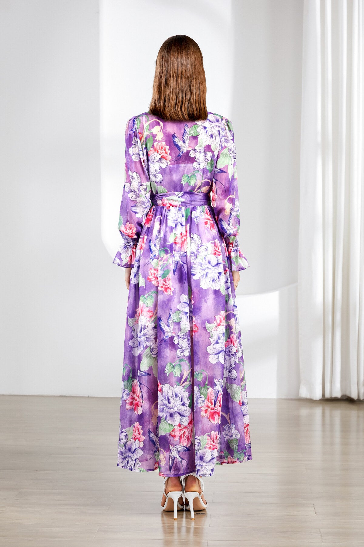 fragrant lavender ruched waist ruffle cuff long dress all lavender 4