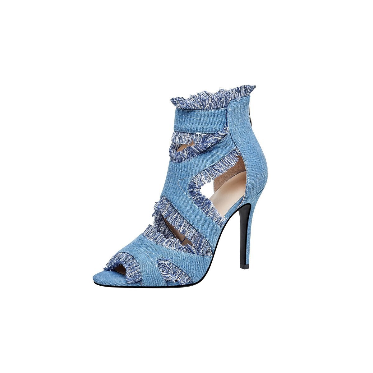 Frayed Denim Cutout Peep Toe Stiletto Ankle Boots