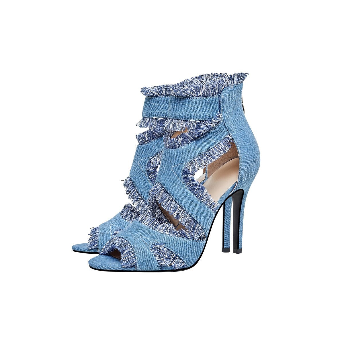 Frayed Denim Cutout Peep Toe Stiletto Ankle Boots