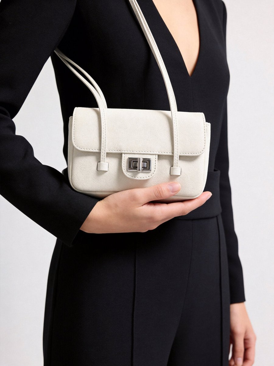 French Chic Pebbled Leather Baguette Bag – Underarm Shoulder Purse with Turn-Lock