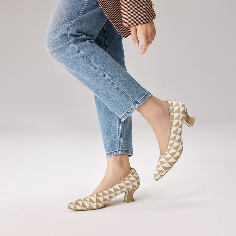 French Chic Geometric Low Heels – Triangle Knit Pointed Toe Pumps