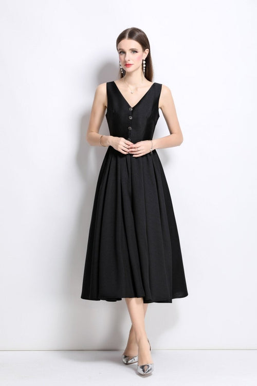 French Elegant Fitted Waist Midi V Neck Dress - 0cm