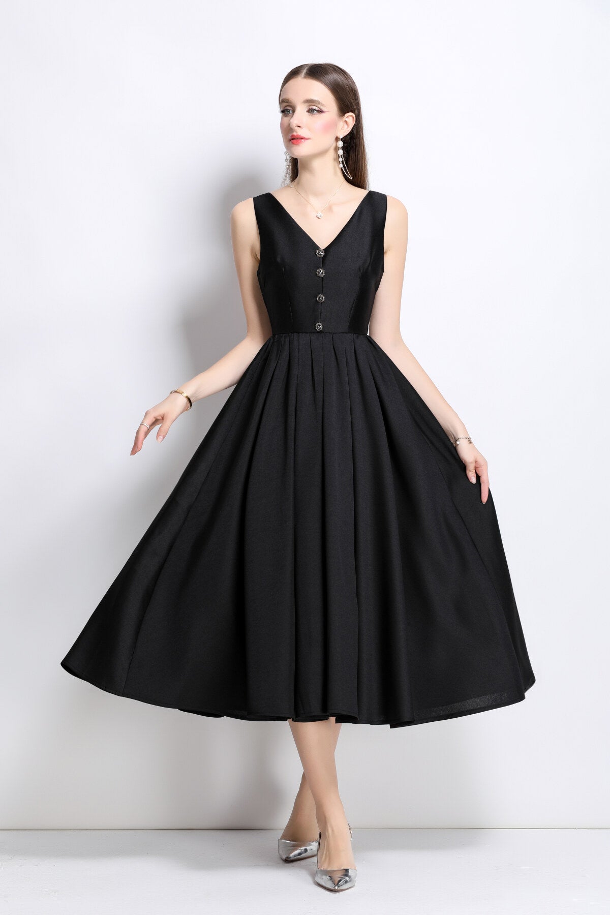 french elegant fitted waist midi v neck dress all black 2