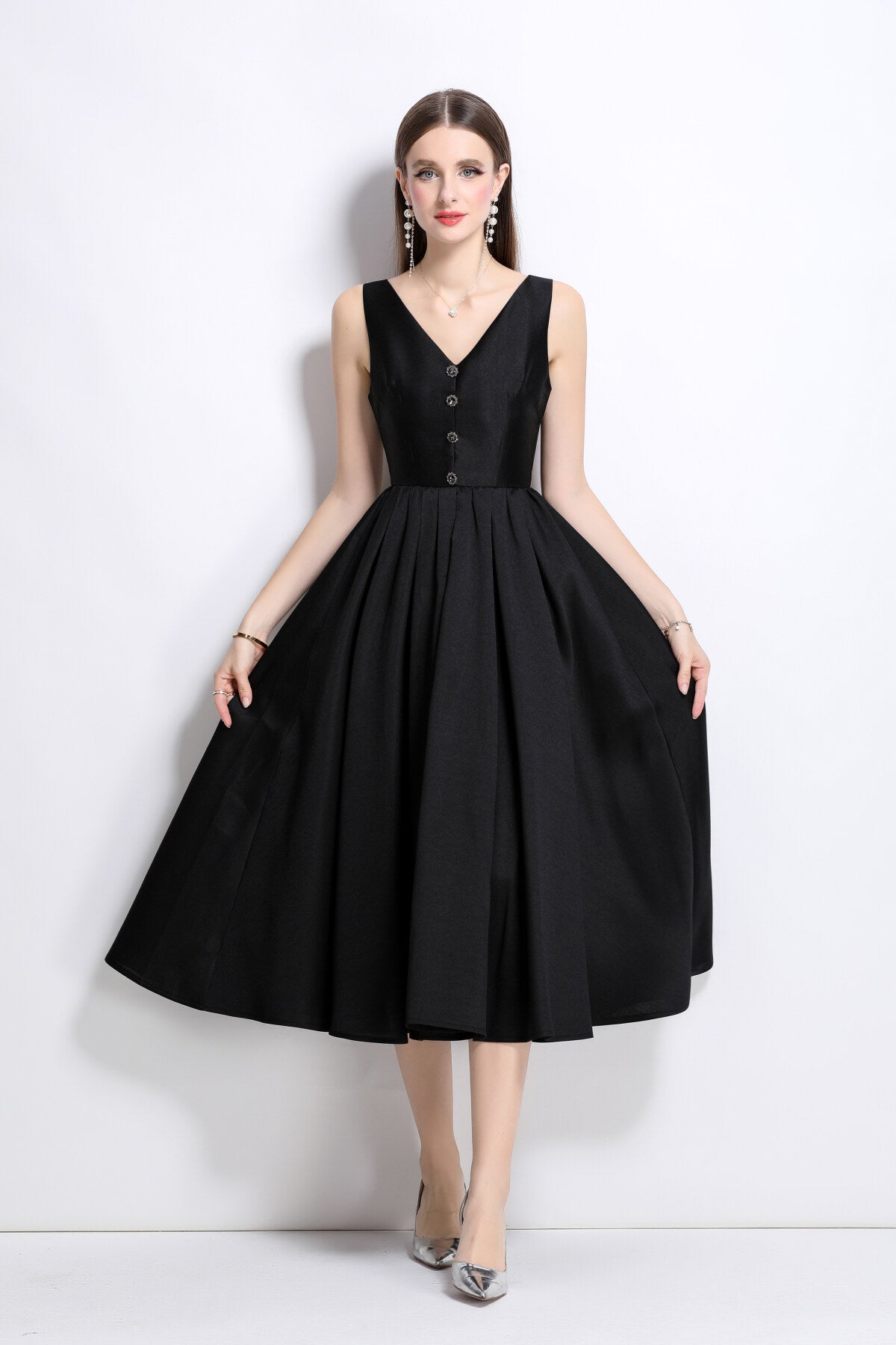 french elegant fitted waist midi v neck dress all black 3