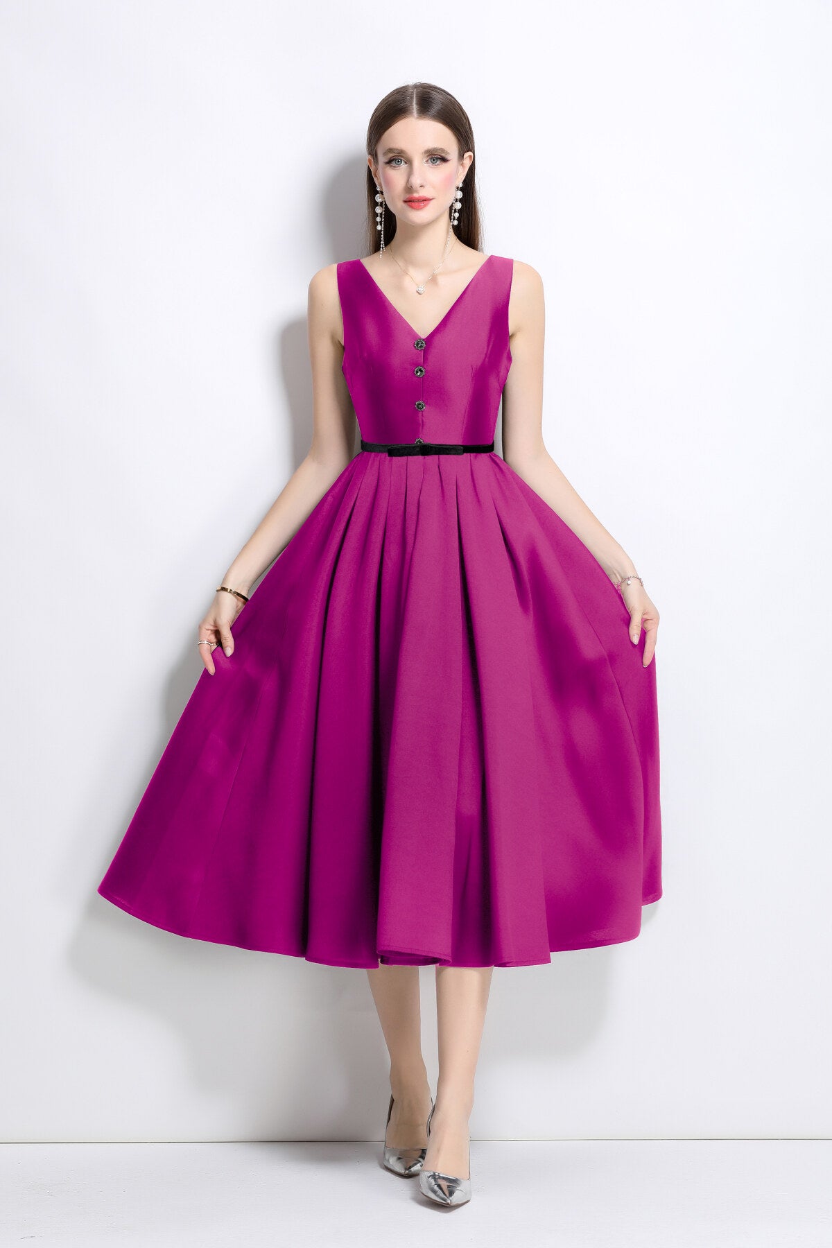 french elegant fitted waist midi v neck dress all purple 1