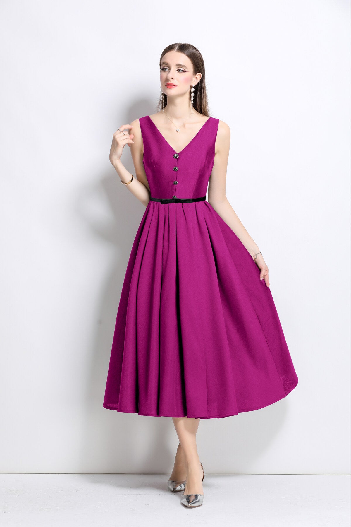 french elegant fitted waist midi v neck dress all purple 2