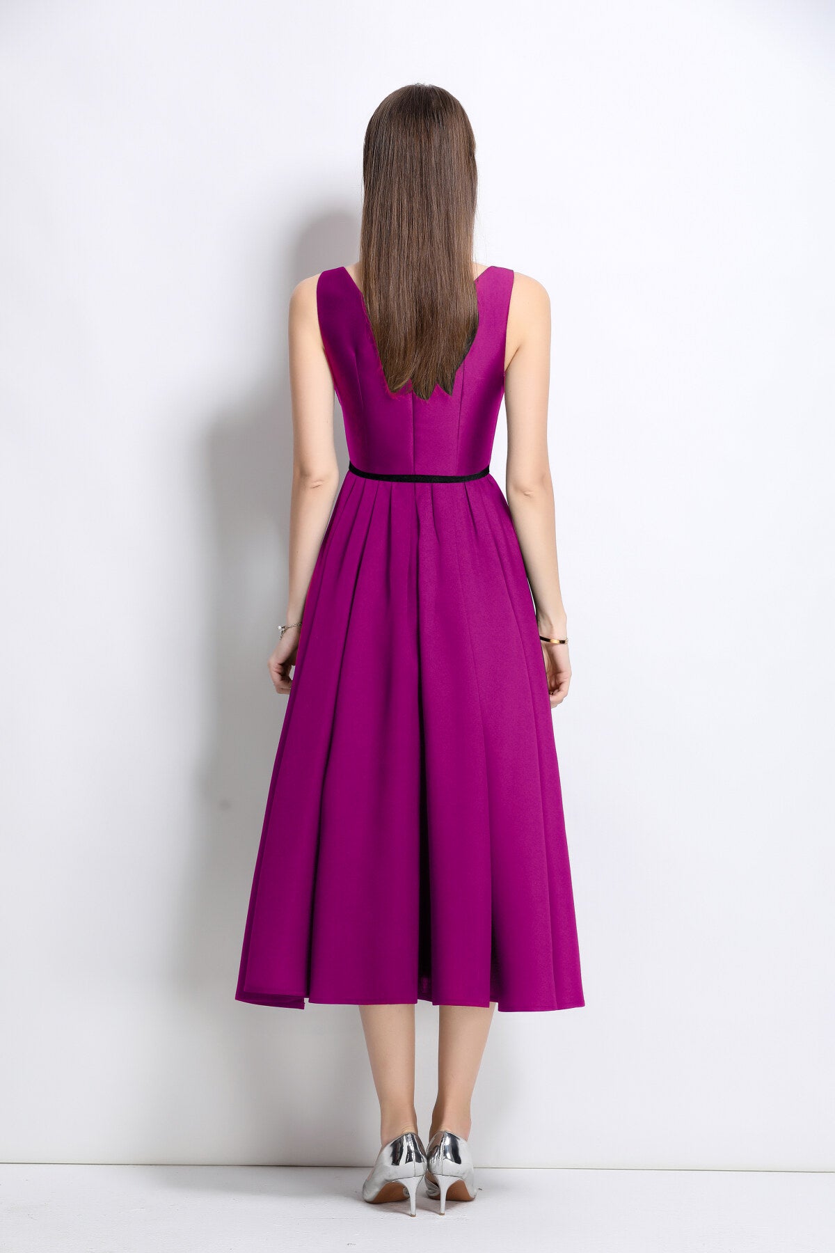 french elegant fitted waist midi v neck dress all purple 3