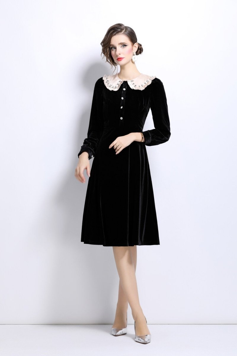 French Lace Collar Knee Length Black Velvet Dress - 0cm